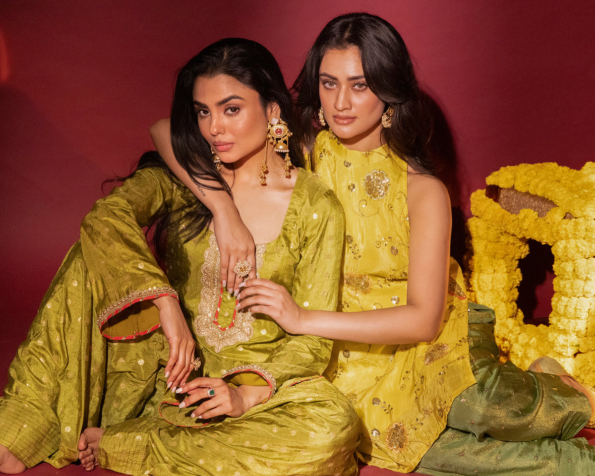 Haldi Yellow Tissue Halter Top & Farshi Salwar Set