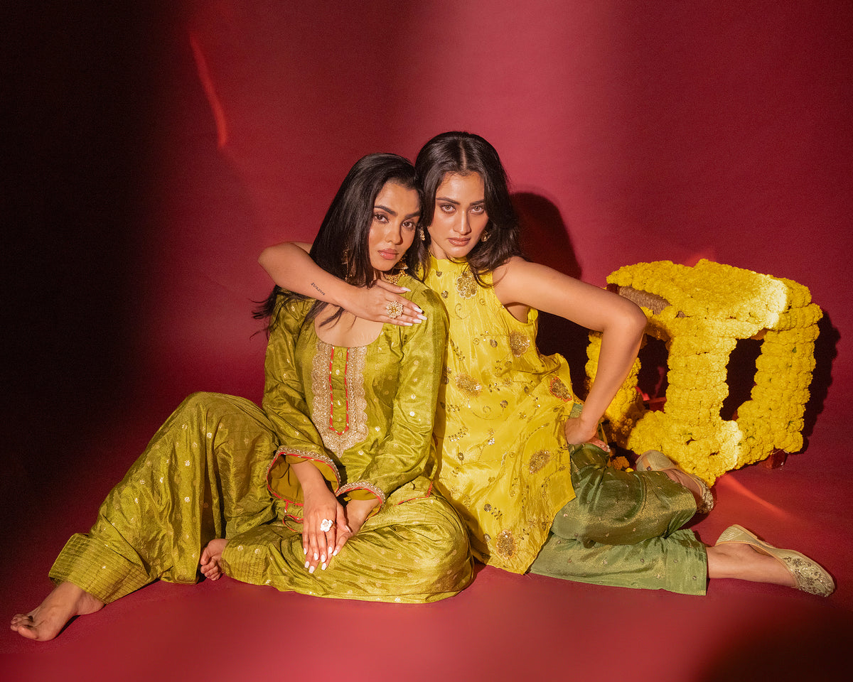 Haldi Yellow Tissue Halter Top & Farshi Salwar Set
