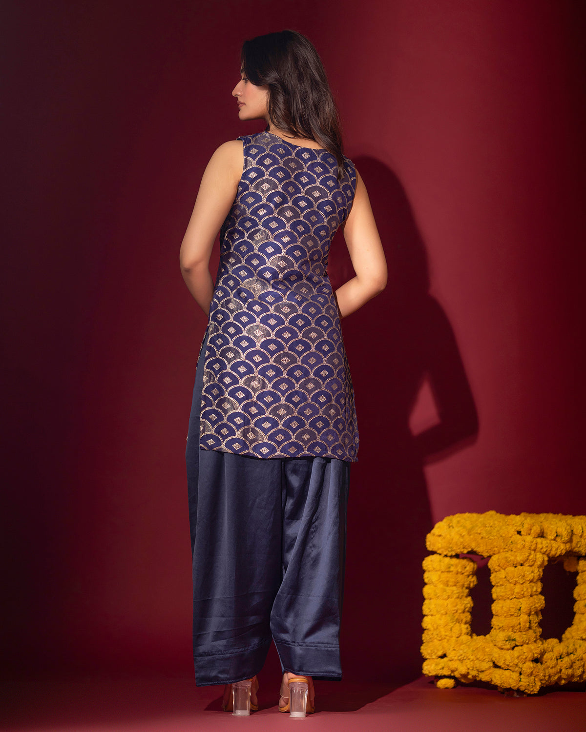 Royal Blue Brocade Kurta With Farshi Salwar Set