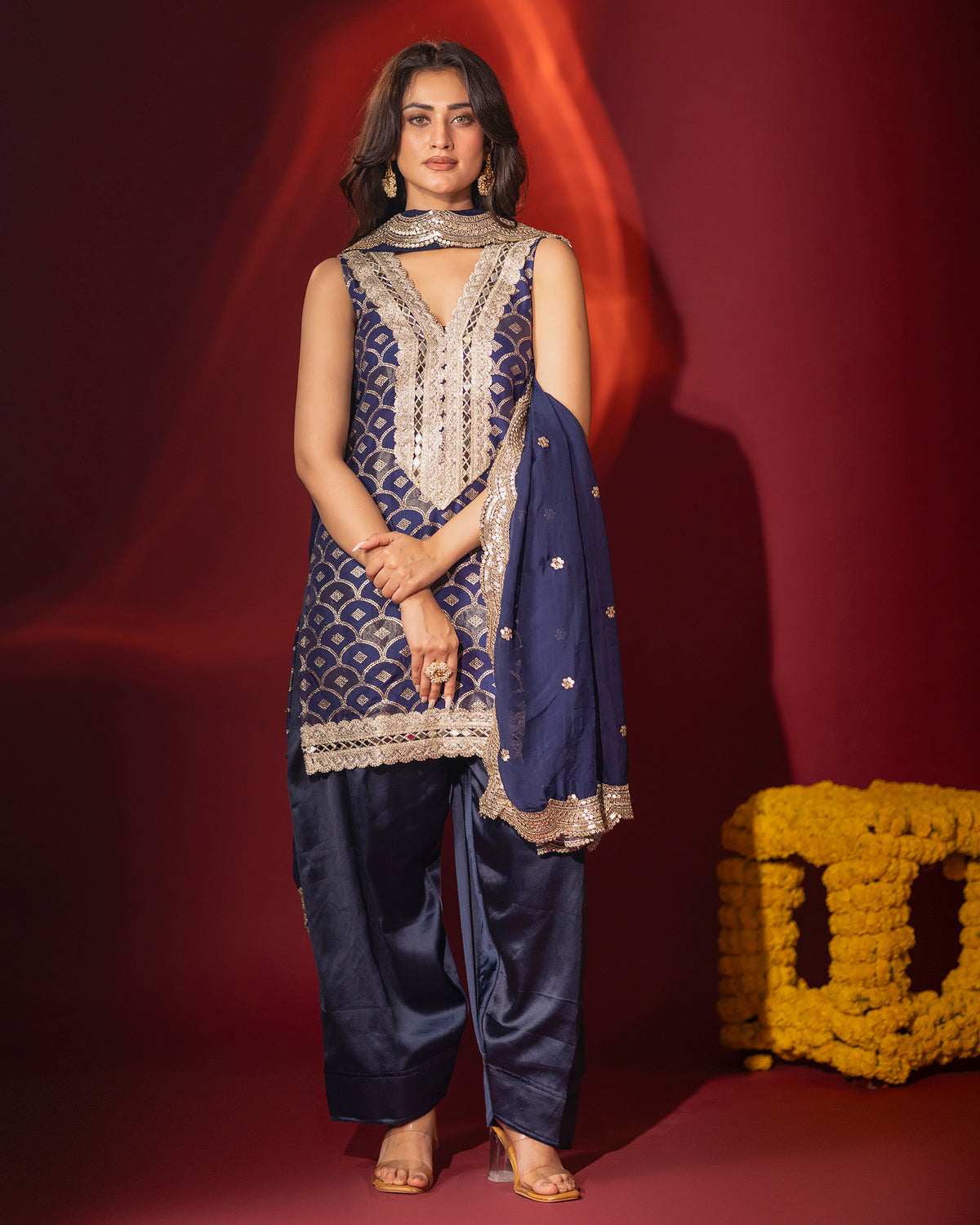 Royal Blue Brocade Kurta With Farshi Salwar Set