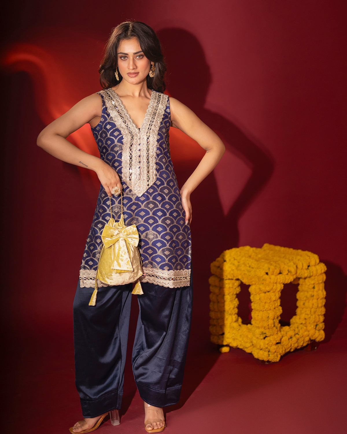 Royal Blue Brocade Kurta With Farshi Salwar Set