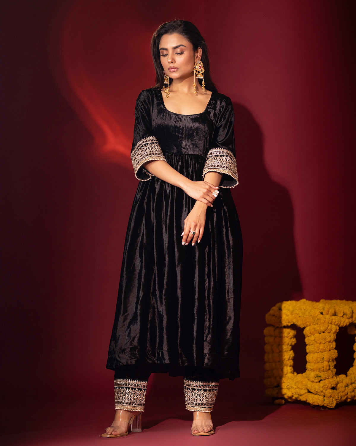 Black Silk Velvet Anarkali and Pants with Organza Dupatta