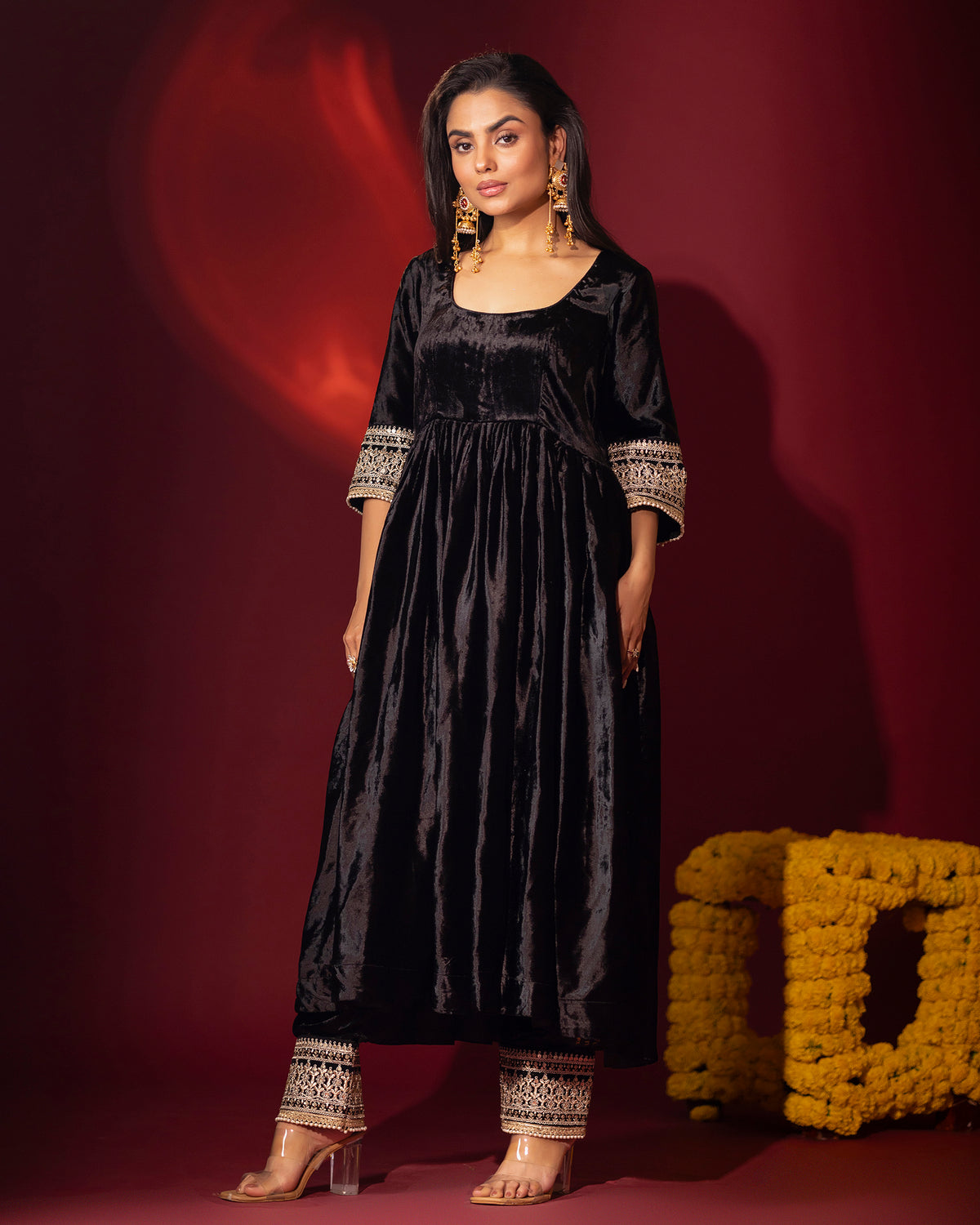 Black Silk Velvet Anarkali and Pants with Organza Dupatta