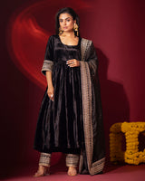 Black Silk Velvet Anarkali and Pants with Organza Dupatta