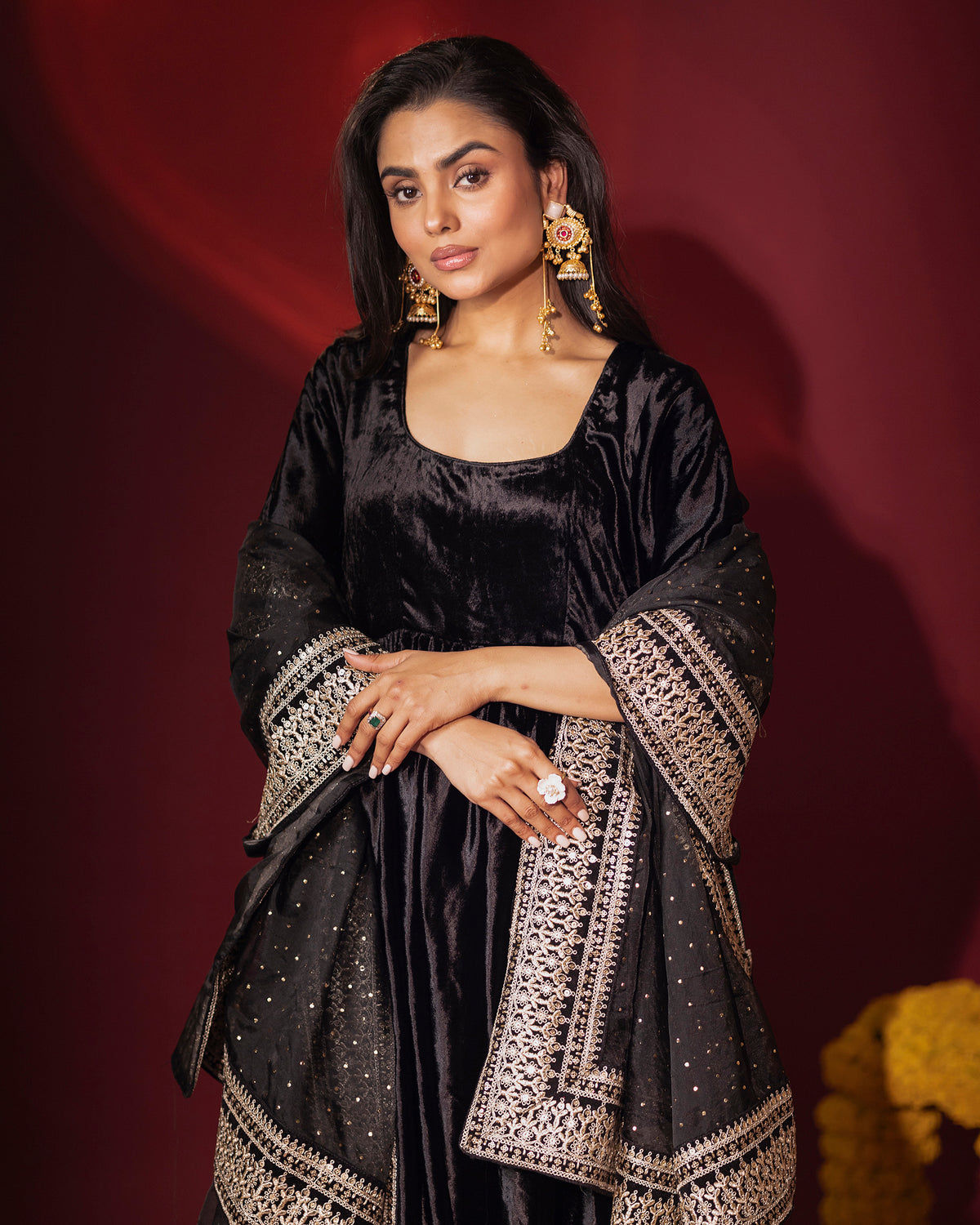 Black Silk Velvet Anarkali and Pants with Organza Dupatta