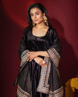 Black Silk Velvet Anarkali and Pants with Organza Dupatta