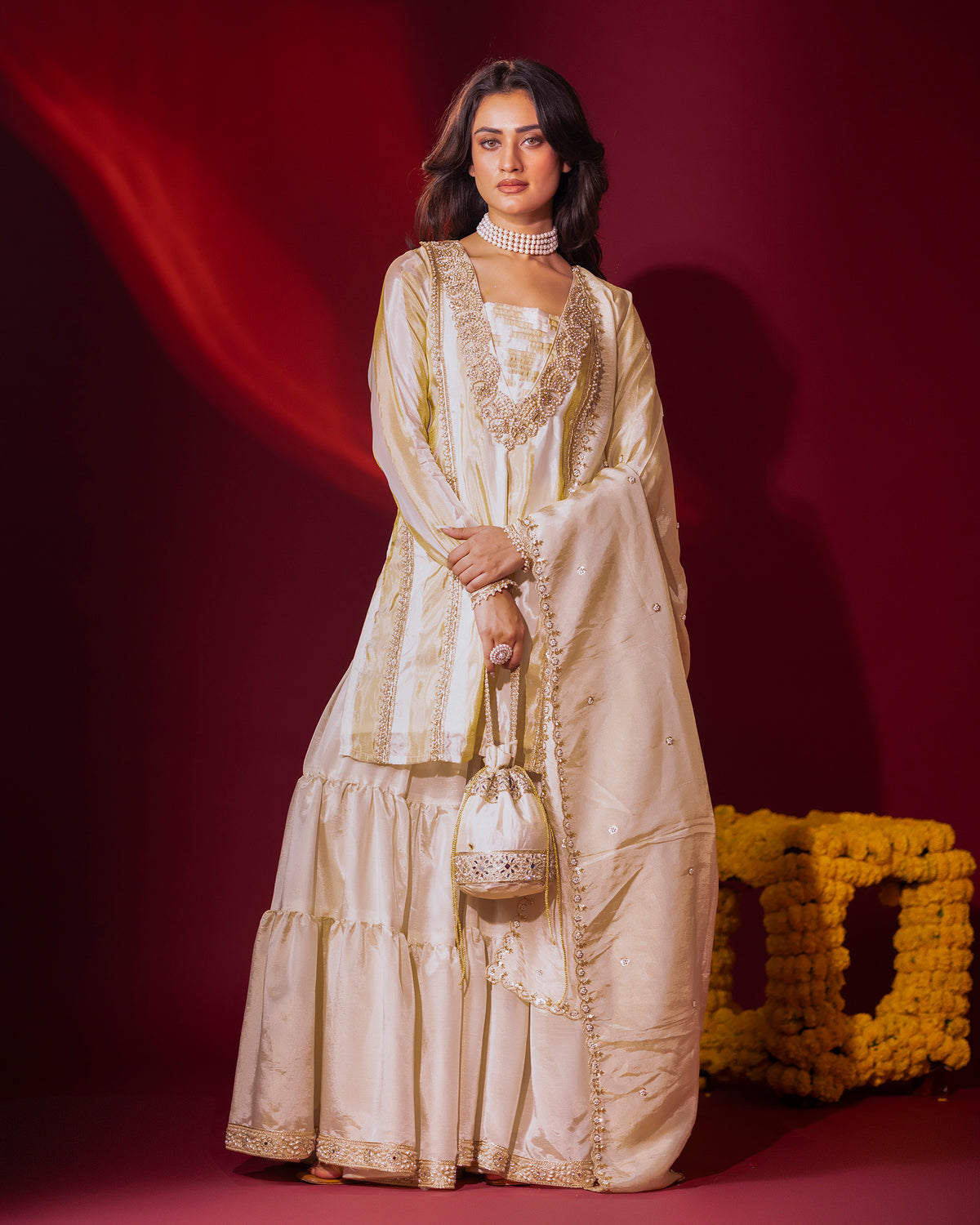Elegant Silk Tissue Kurta & Gharara Set