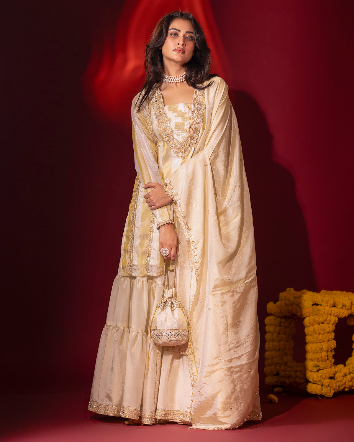 Elegant Silk Tissue Kurta & Gharara Set