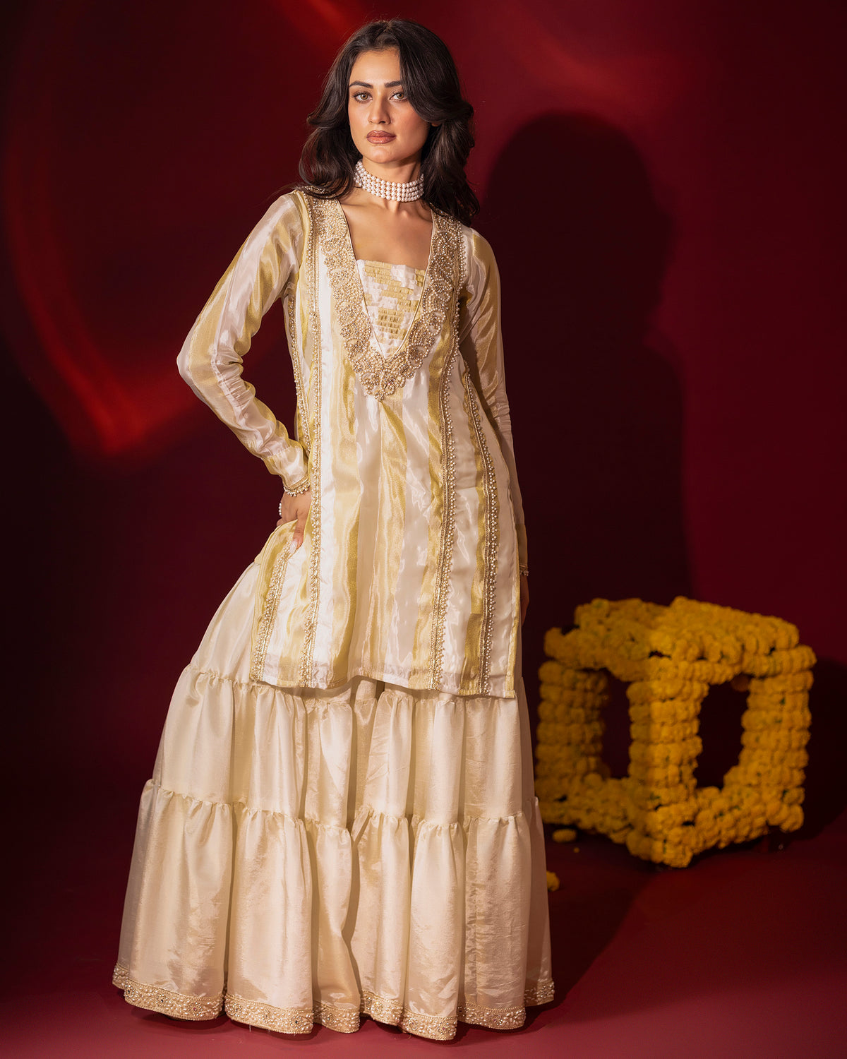 Elegant Silk Tissue Kurta & Gharara Set