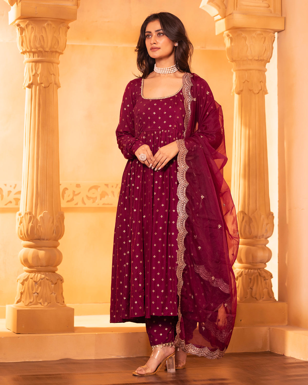 Wine Anarkali Set