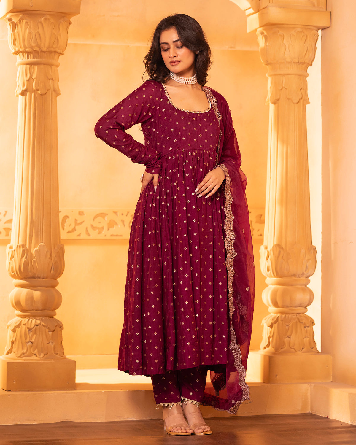 Wine Anarkali Set