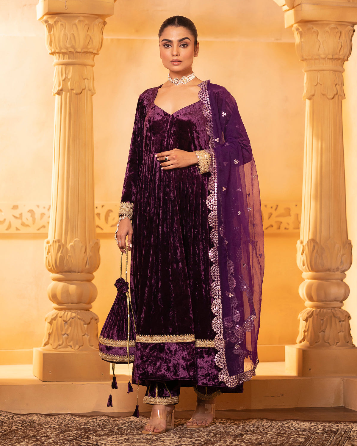 Plum Velvet Anarkali Set