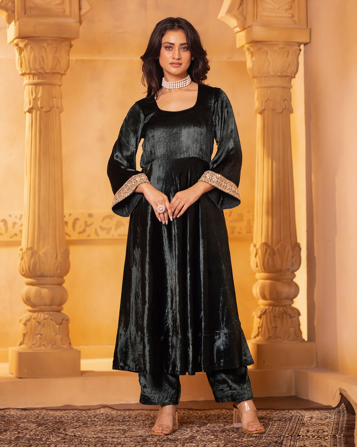 Emerald Velvet Anarkali Set