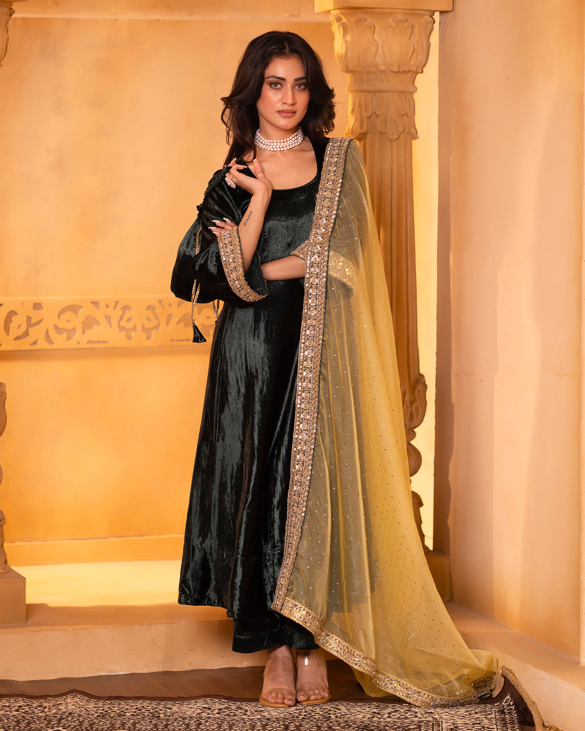 Emerald Velvet Anarkali Set