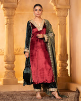 Maroon Green Velvet Three-Piece Set