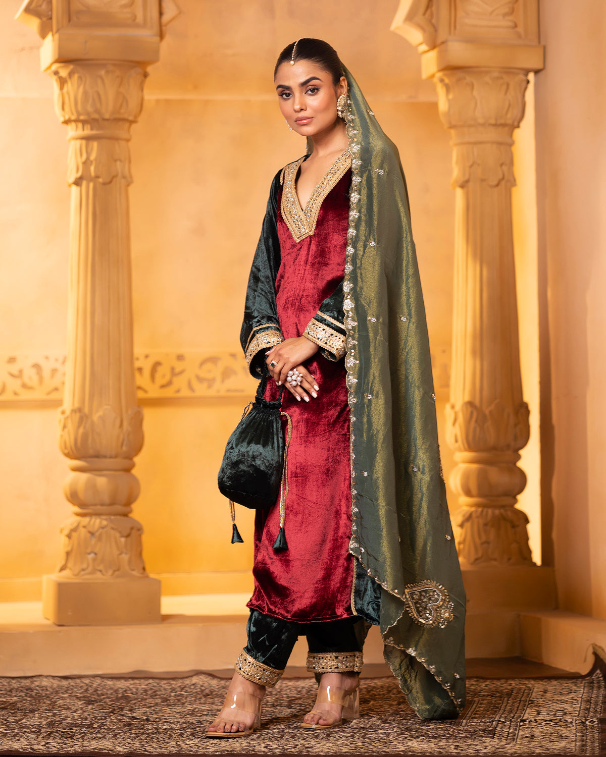 Maroon Green Velvet Three-Piece Set