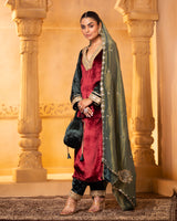 Maroon Green Velvet Three-Piece Set