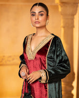 Maroon Green Velvet Three-Piece Set