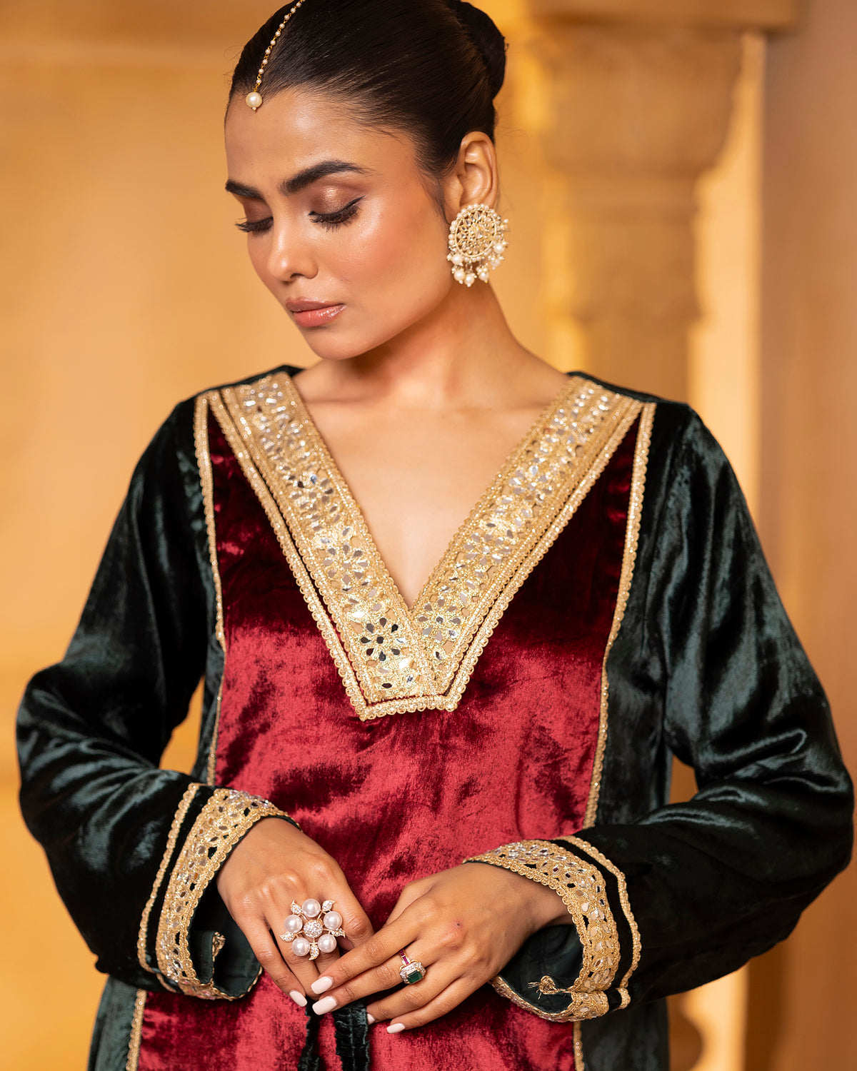 Maroon Green Velvet Three-Piece Set