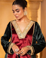 Maroon Green Velvet Three-Piece Set