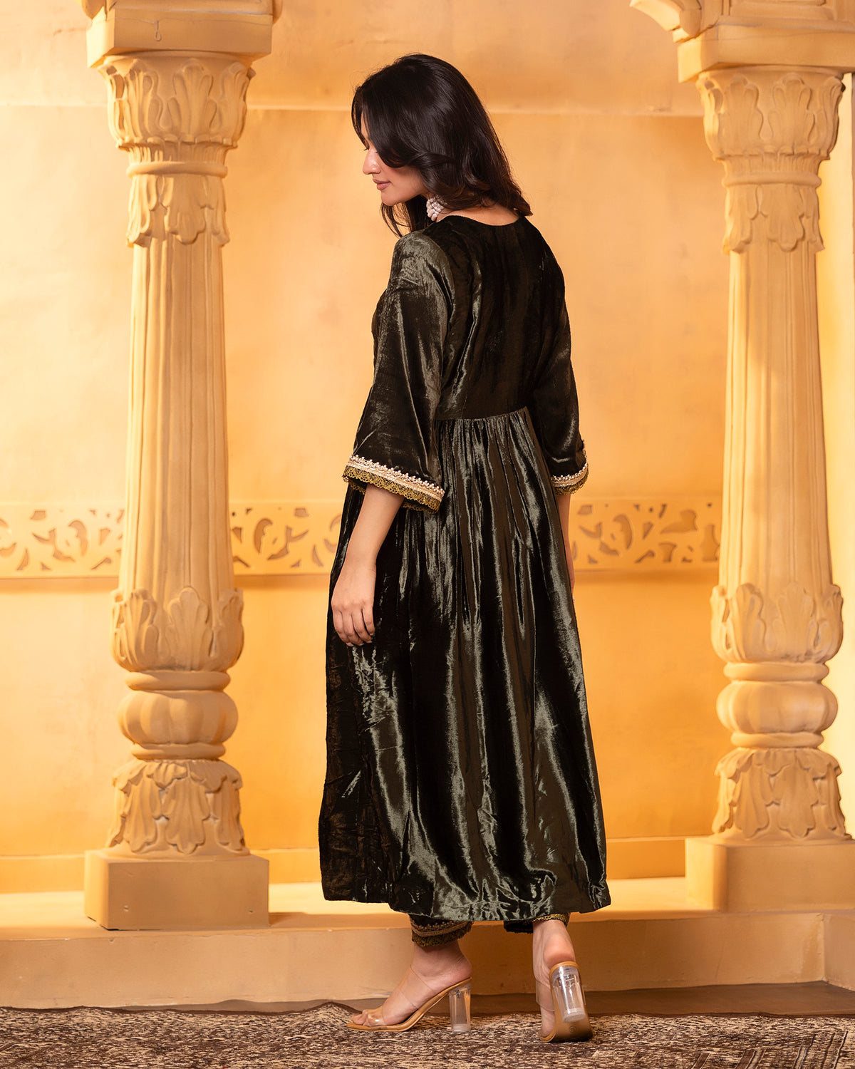 Olive Green Velvet Anarkali Set