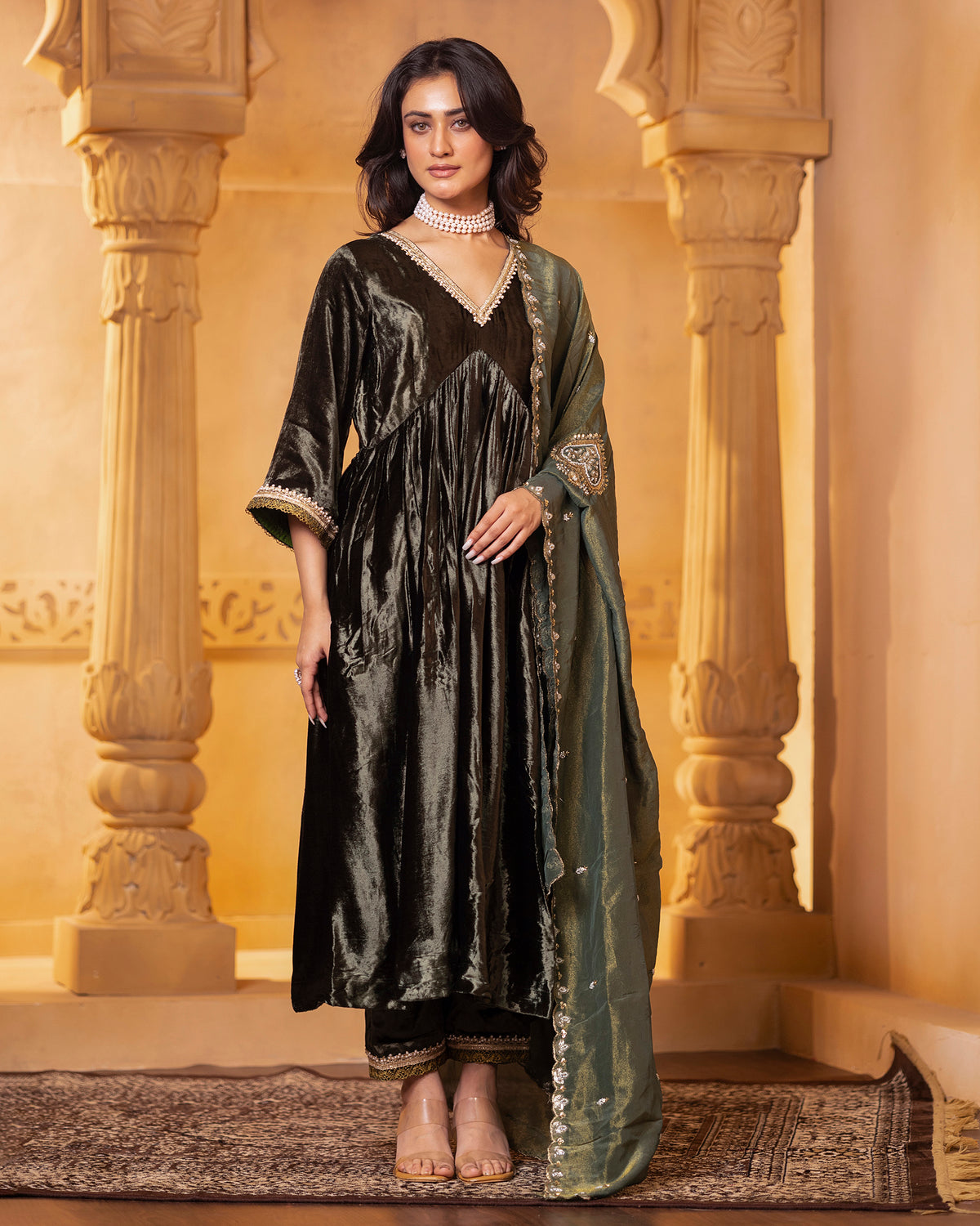 Olive Green Velvet Anarkali Set