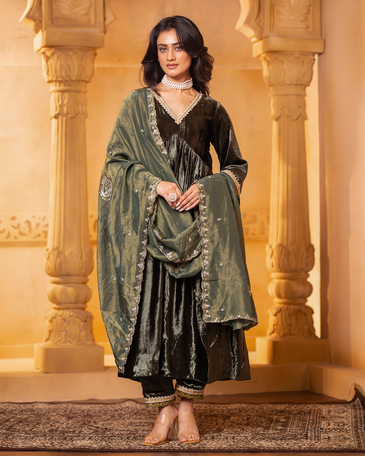 Olive Green Velvet Anarkali Set