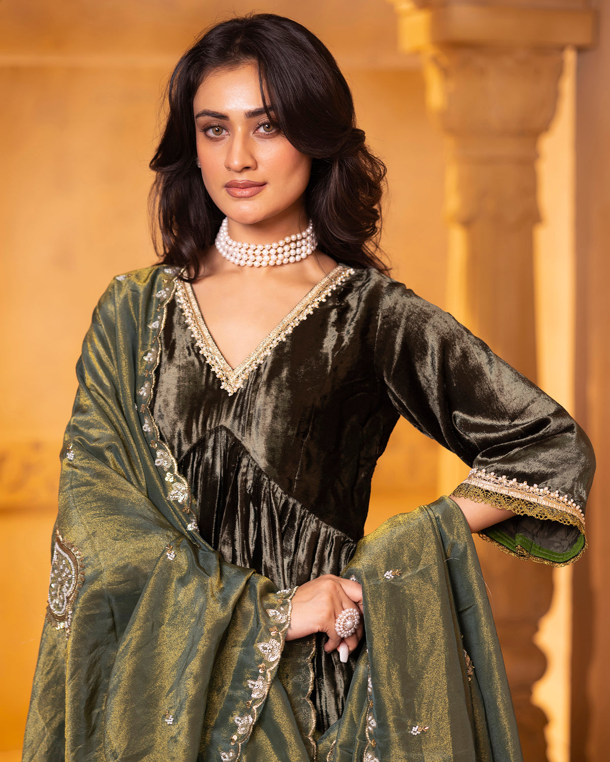 Olive Green Velvet Anarkali Set