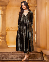 Olive Green Velvet Anarkali Set