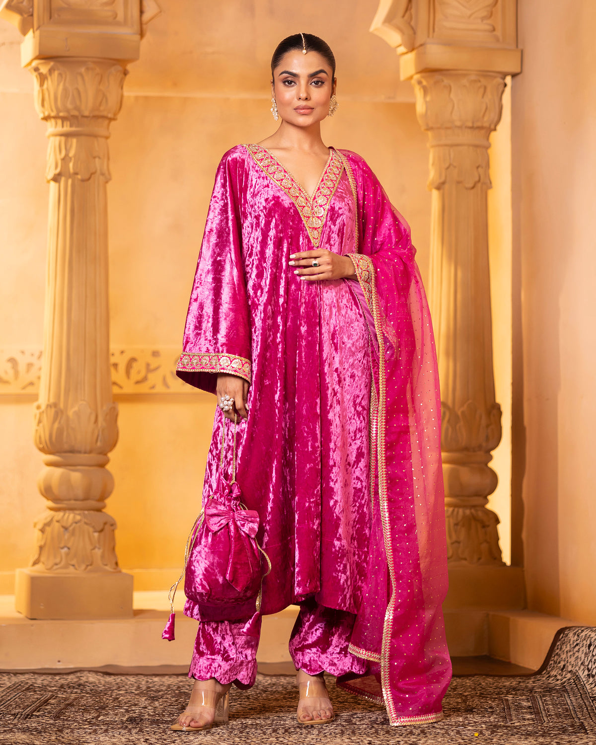 Pink Velvet Kaftan Set