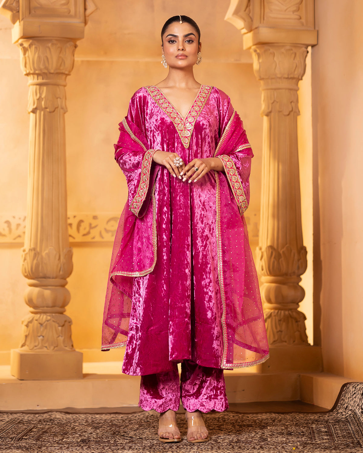Pink Velvet Kaftan Set