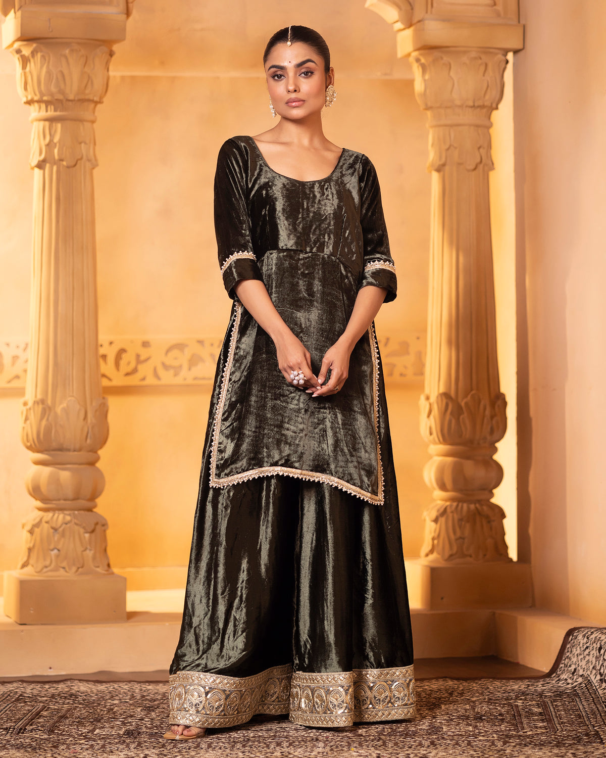 Olive Green Velvet Kurta and Sharara Set