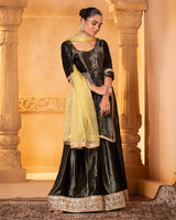 Olive Green Velvet Kurta and Sharara Set
