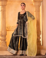 Olive Green Velvet Kurta and Sharara Set