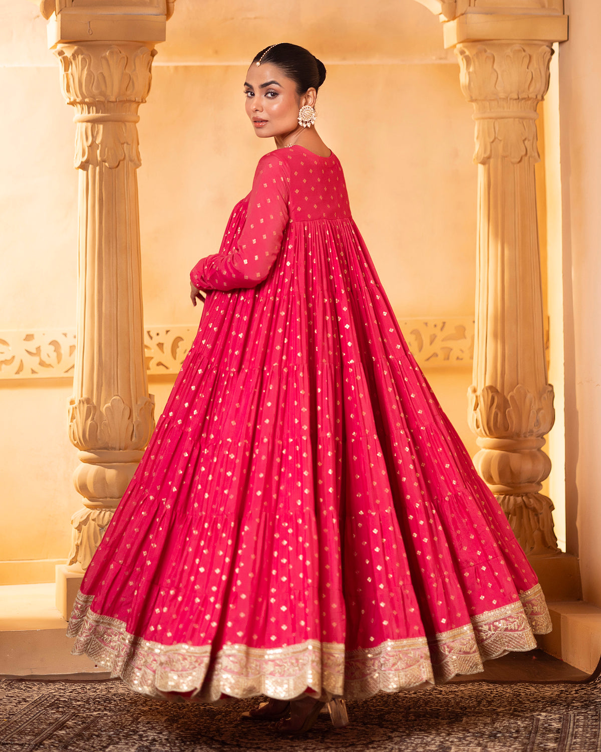 Pink Tiered Anarkali Set