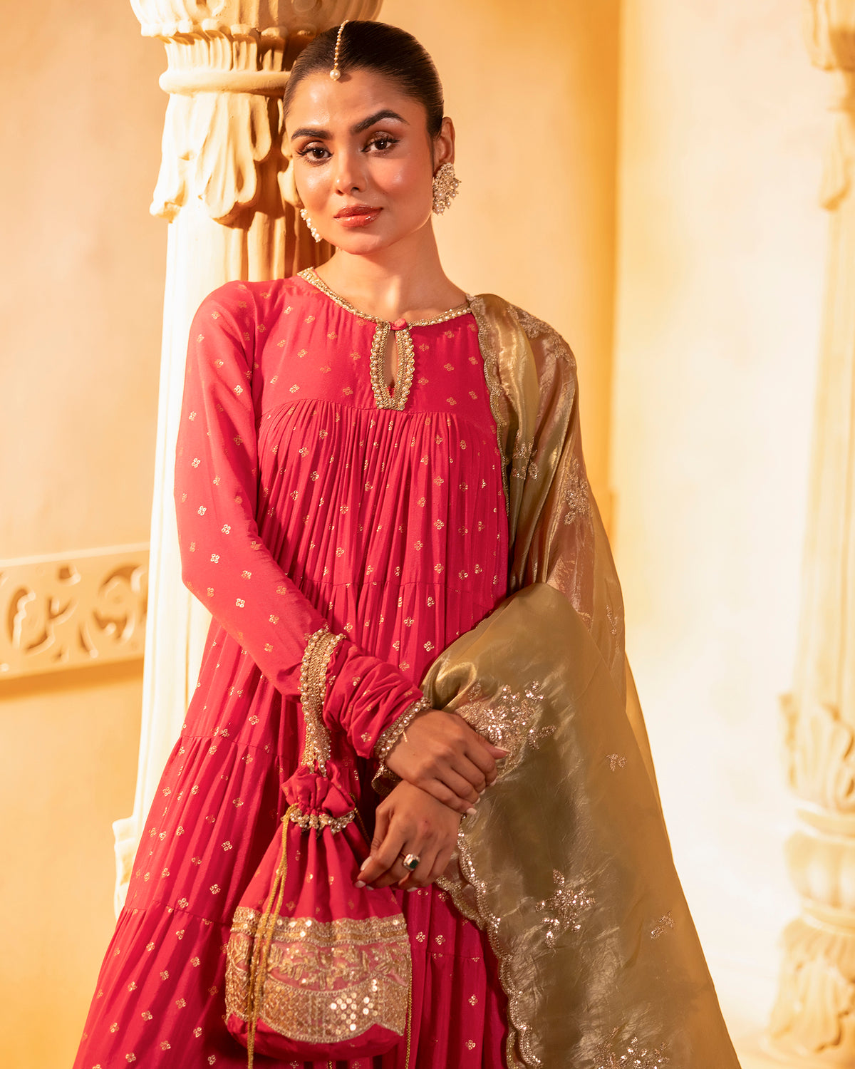 Pink Tiered Anarkali Set