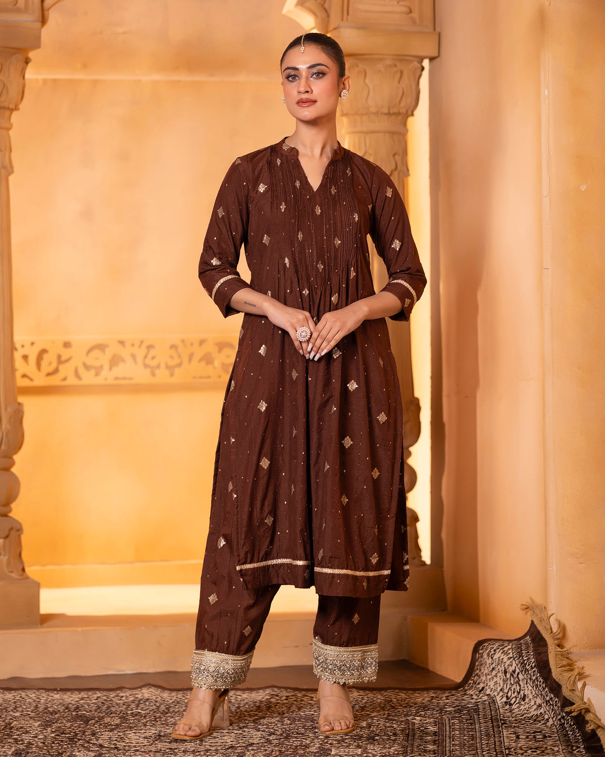 Brown Pintuck Kurta Set