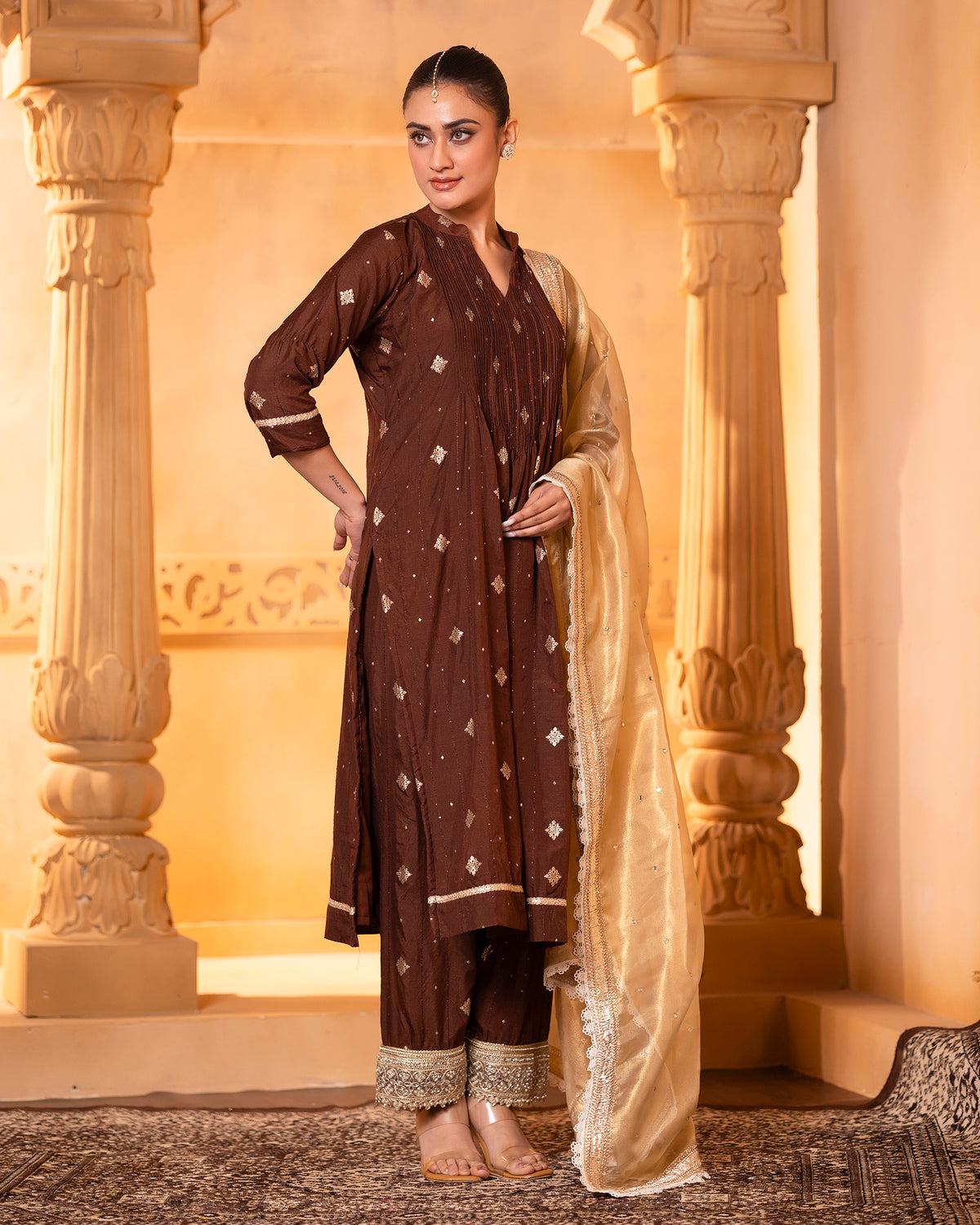 Brown Pintuck Kurta Set
