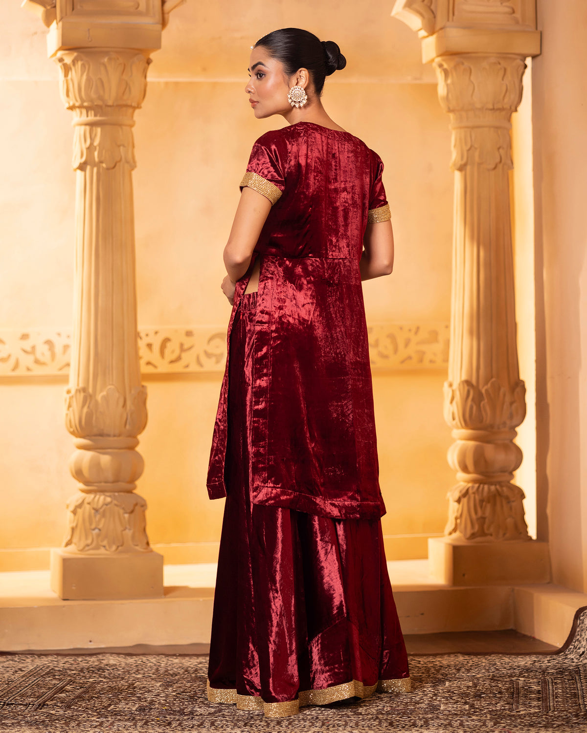 Maroon Velvet Kurta and Sharara Set