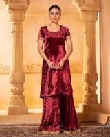 Maroon Velvet Kurta and Sharara Set
