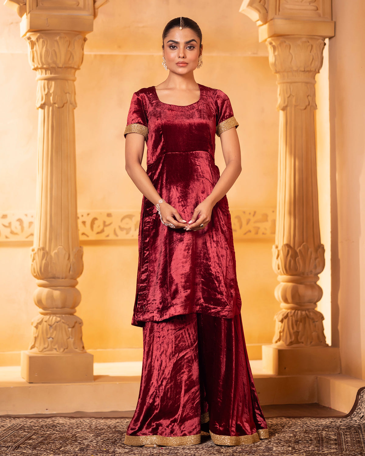 Maroon Velvet Kurta and Sharara Set