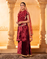 Maroon Velvet Kurta and Sharara Set