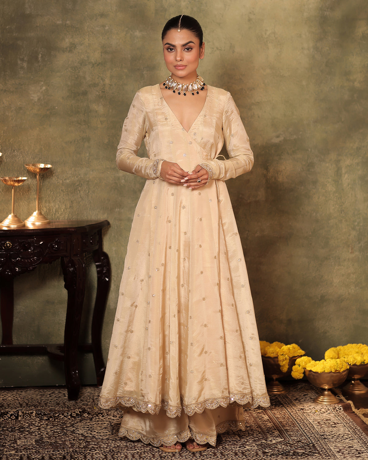 Ivory Angrakha Anarkali Set with Mukaish Dupatta