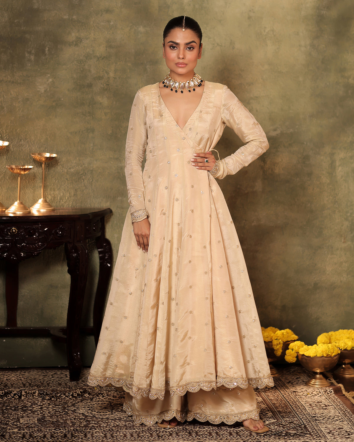 Ivory Angrakha Anarkali Set with Mukaish Dupatta