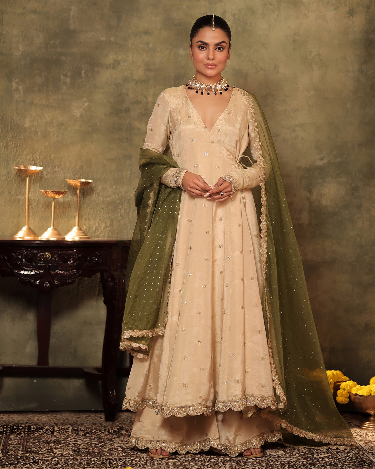 Ivory Angrakha Anarkali Set with Mukaish Dupatta