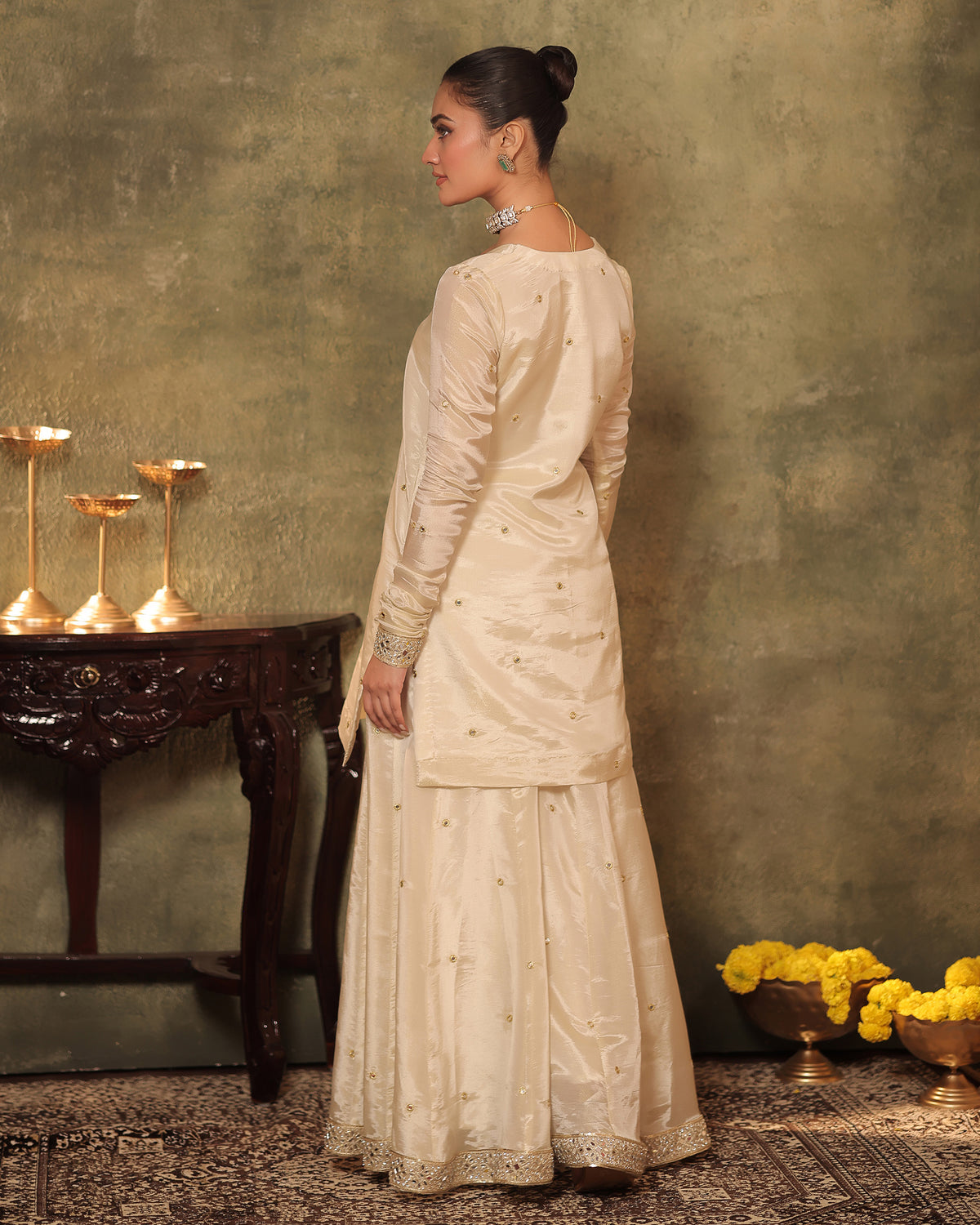 Ivory Silk Tissue Kurta Sharara Set