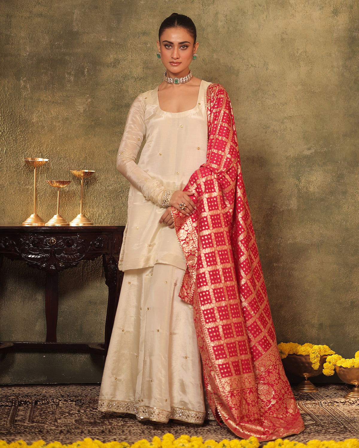 Ivory Silk Tissue Kurta Sharara Set