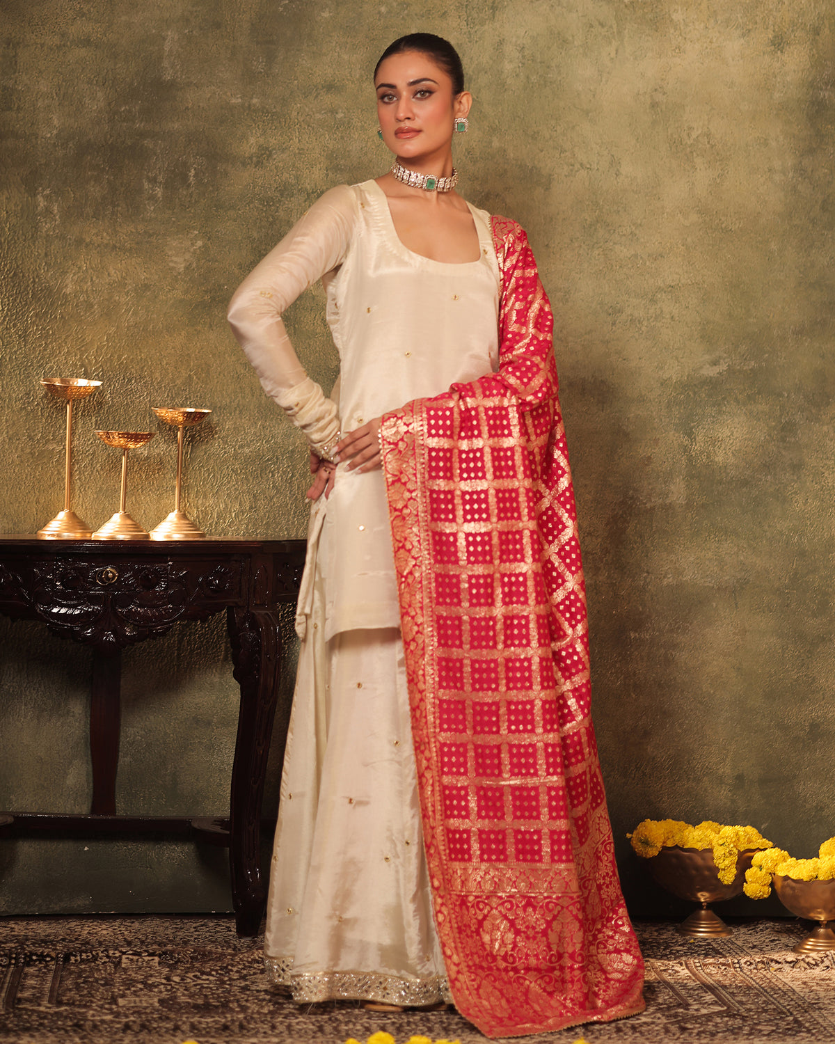 Ivory Silk Tissue Kurta Sharara Set