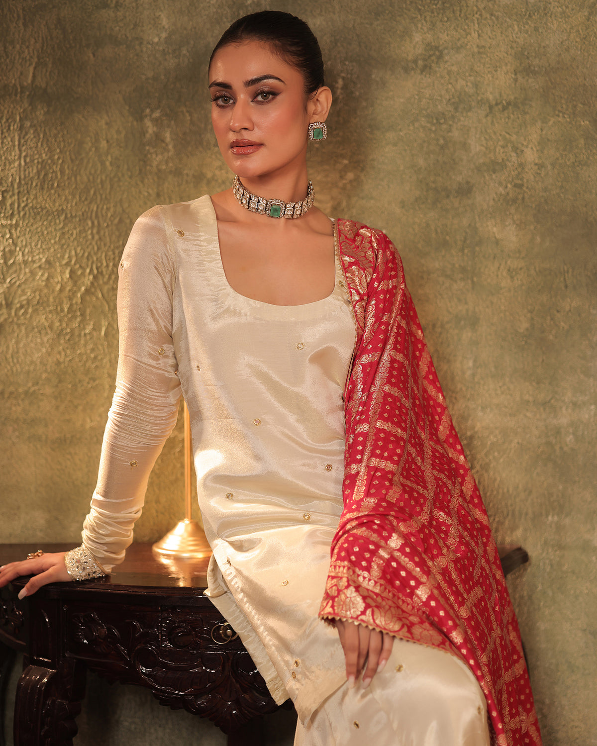 Ivory Silk Tissue Kurta Sharara Set
