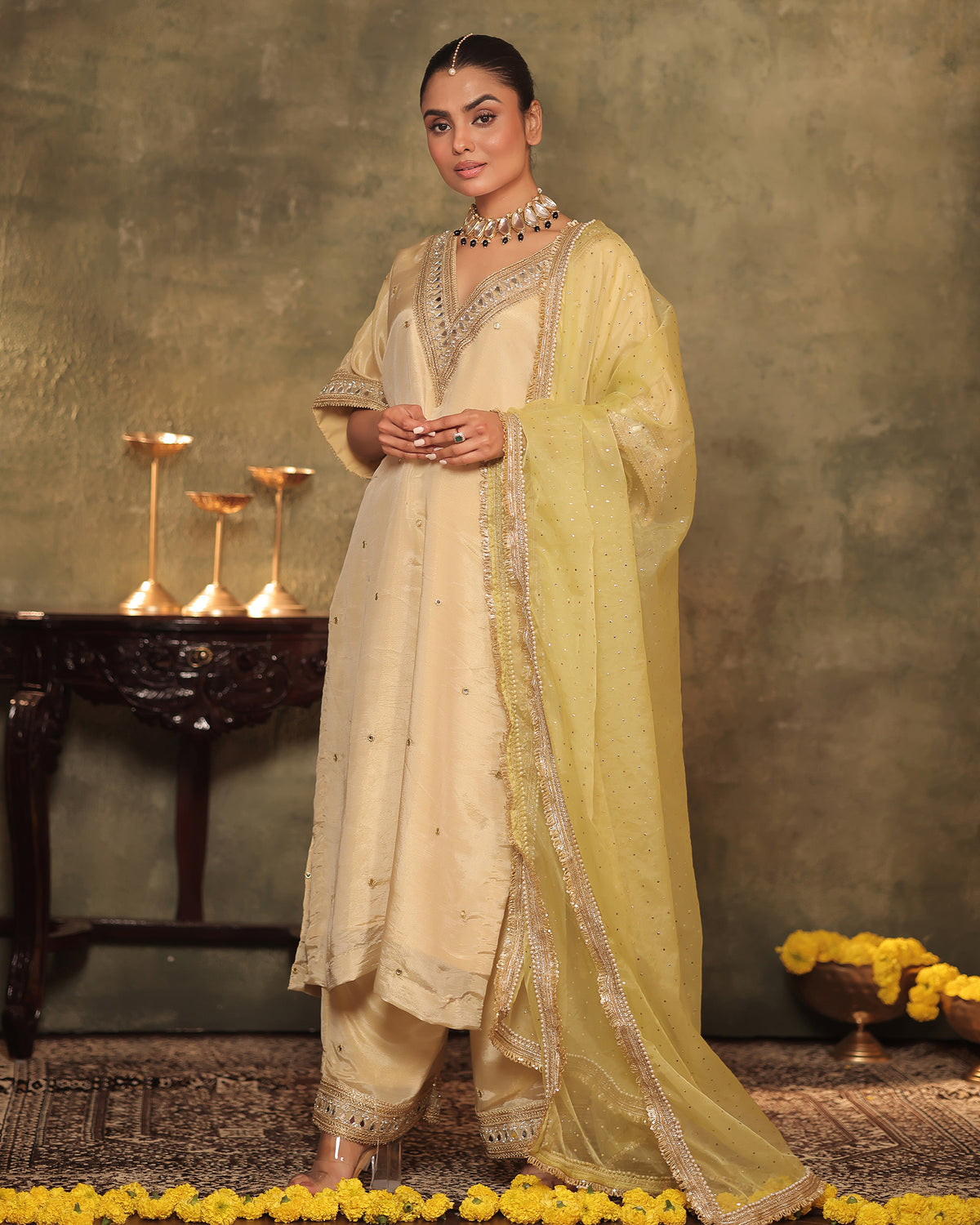Ivory Silk Tissue Kaftan Palazzo Set